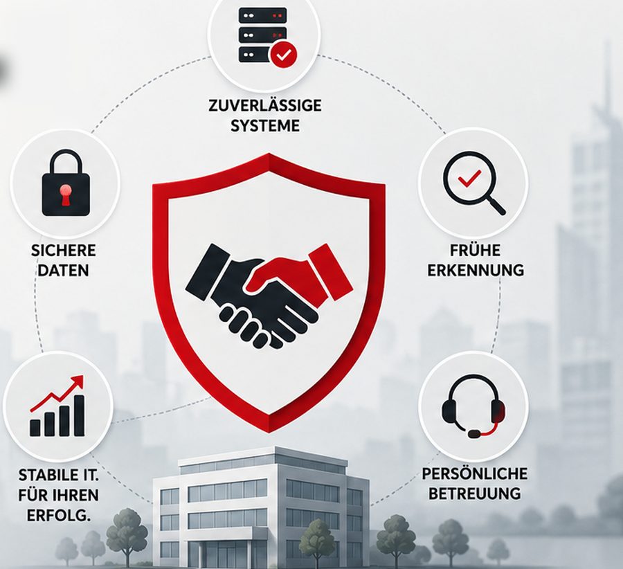 Schaubild: zuverlässige Systeme, sichere Daten, frühe Erkennung, persönliche Betreuung und stabile IT rund um ein Schutzschild