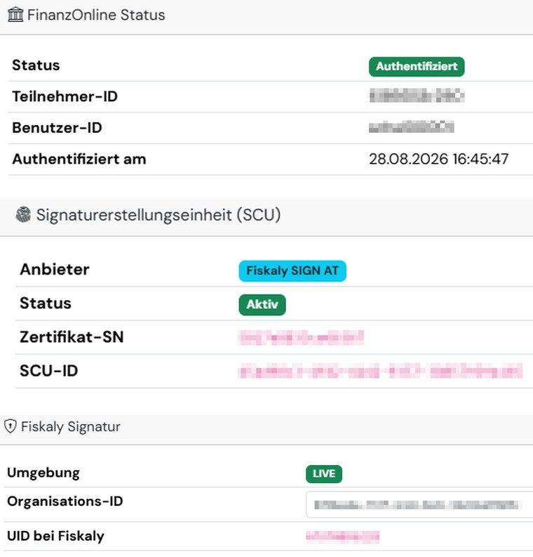Appinnovo Verwaltung: FinanzOnline authentifiziert, Signaturerstellungseinheit aktiv, Fiskaly-Signatur live